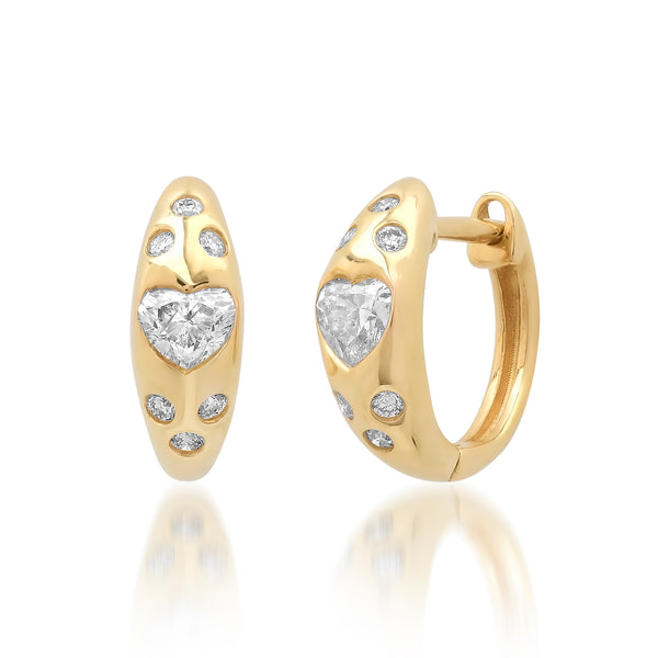 Diamond Heart Huggie Hoop Earrings with Scattered Diamonds