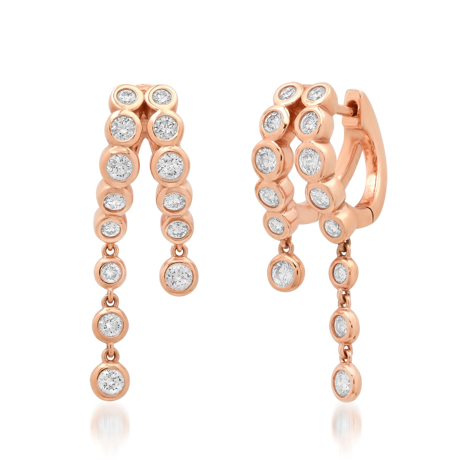 Bezel Set Diamond or Pink Sapphire Split Huggie Hoop Earrings with Long Dangle