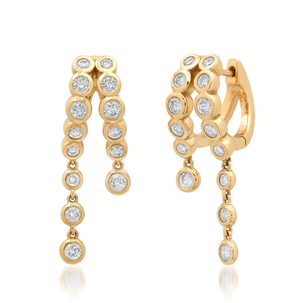 Bezel Set Diamond Split Huggie Hoop Earrings with Long Diamond Dangle