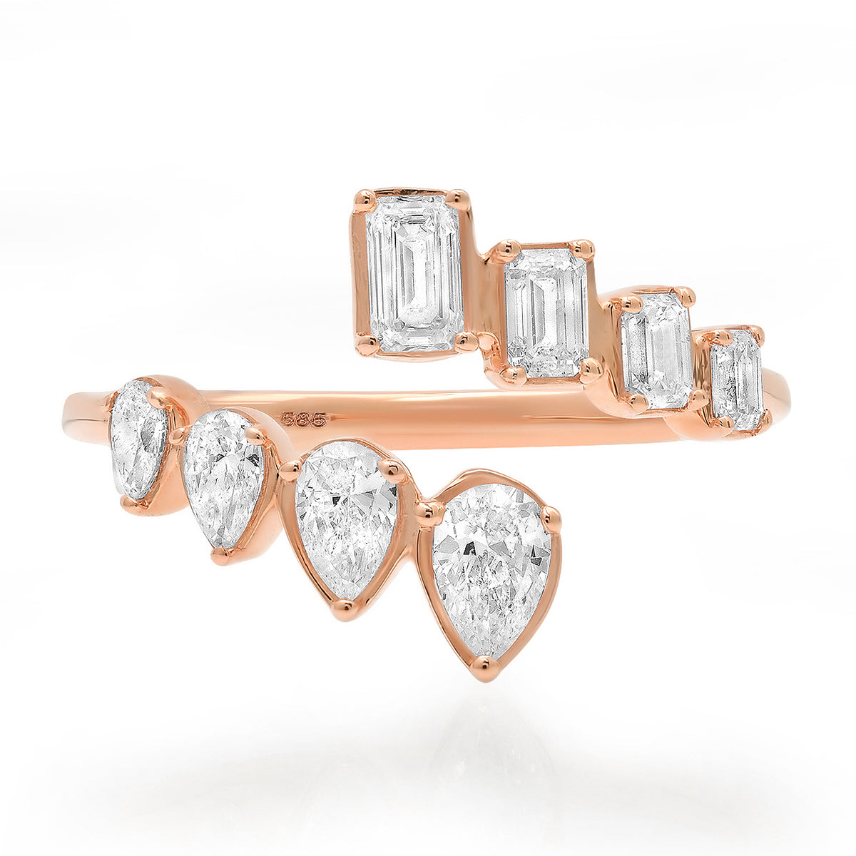 Bezel Set Emerald Cut & Pear Shaped Diamond Bypass Ring