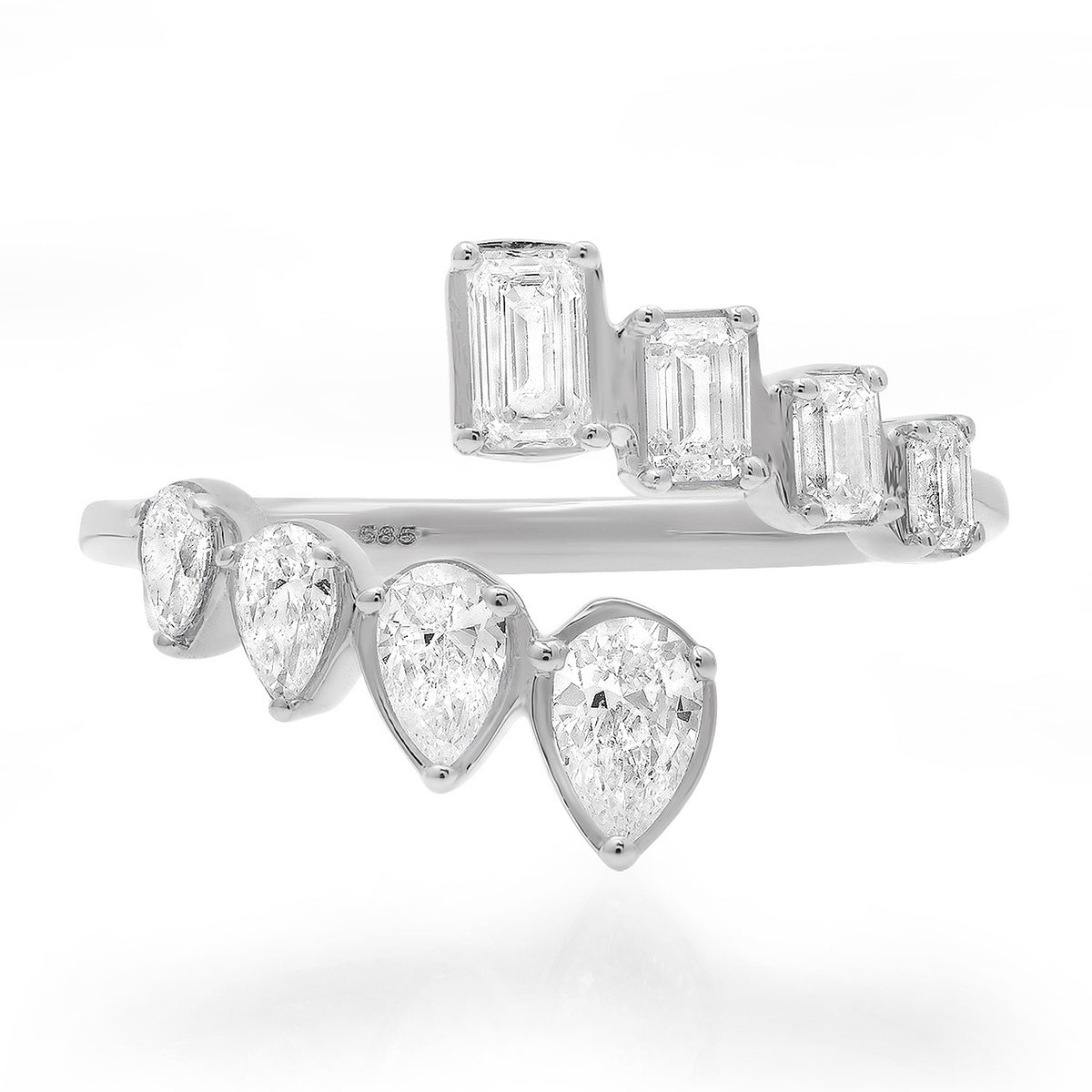 Bezel Set Emerald Cut & Pear Shaped Diamond Bypass Ring
