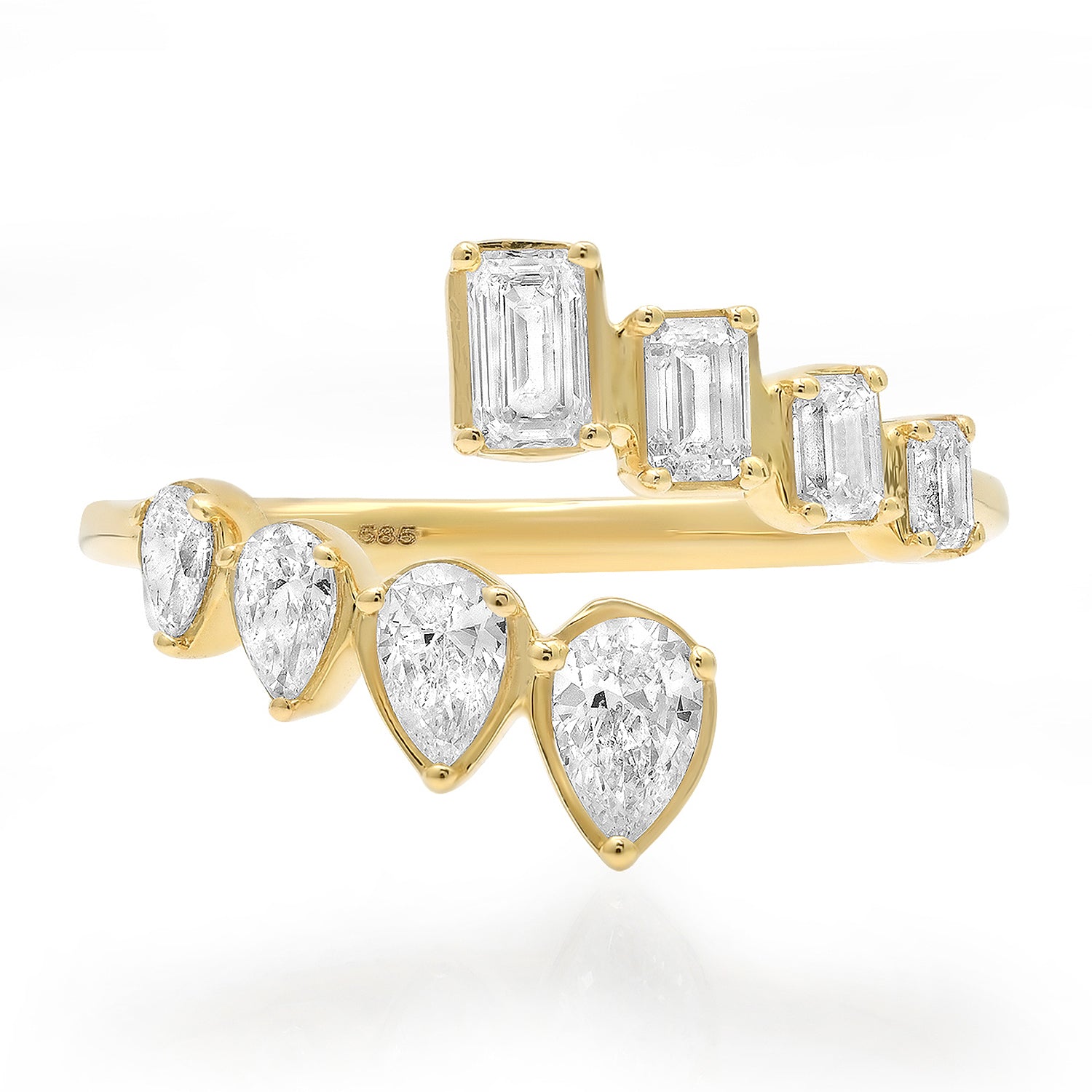 Bezel Set Emerald Cut & Pear Shaped Diamond Bypass Ring