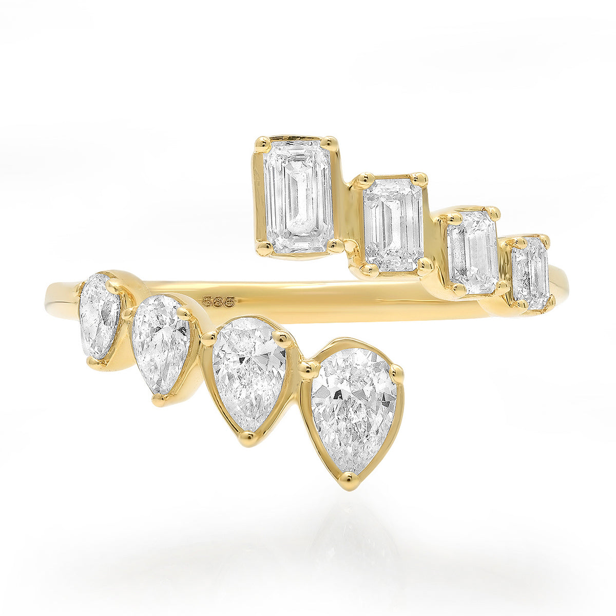 Bezel Set Emerald Cut & Pear Shaped Diamond Bypass Ring