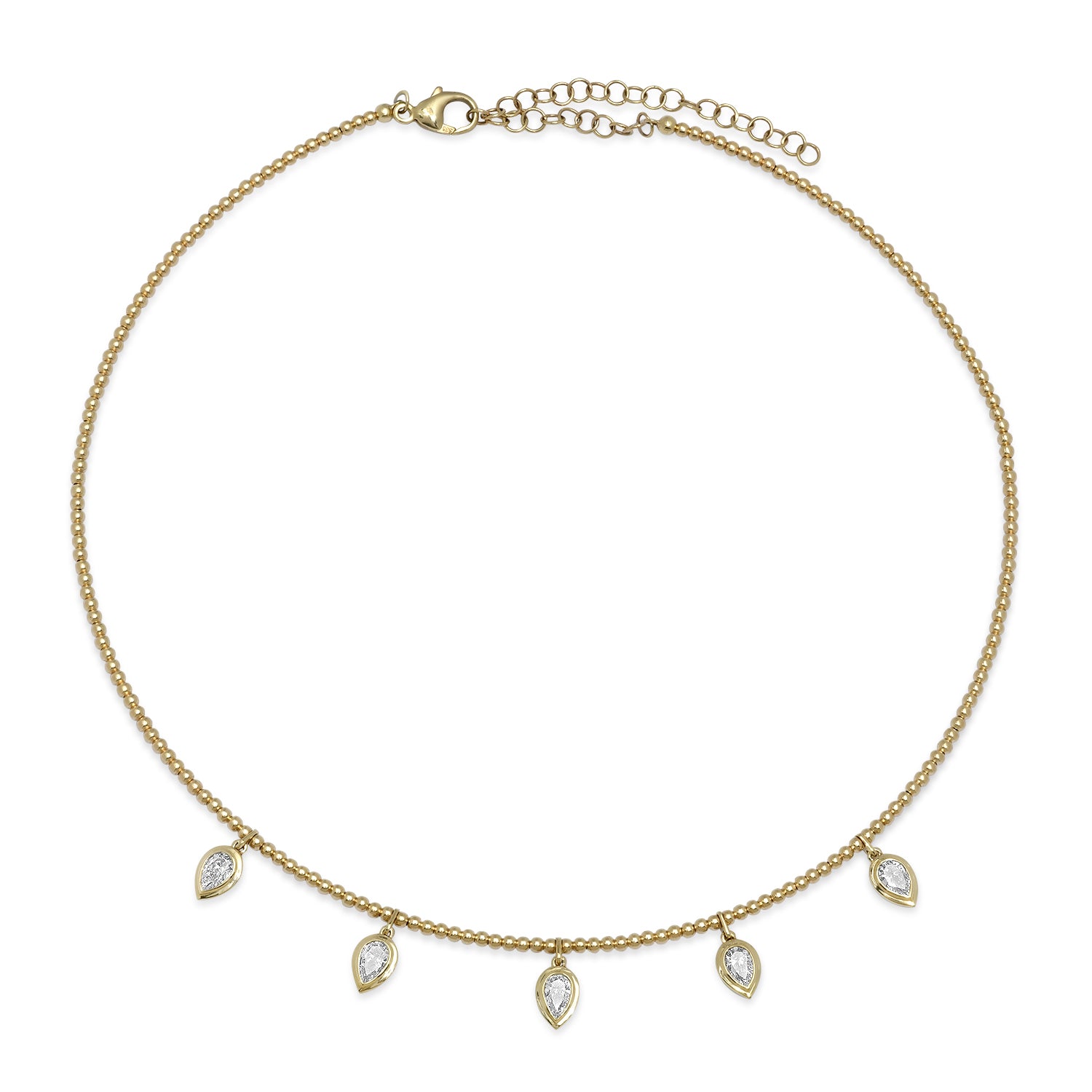 Ball Chain Wire Collar Necklace with Bezel Set Diamond Dangles