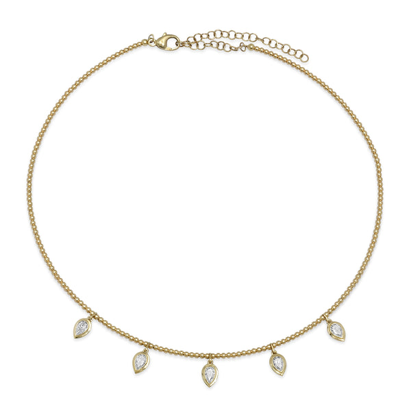 Ball Chain Wire Collar Necklace with Bezel Set Diamond Dangles