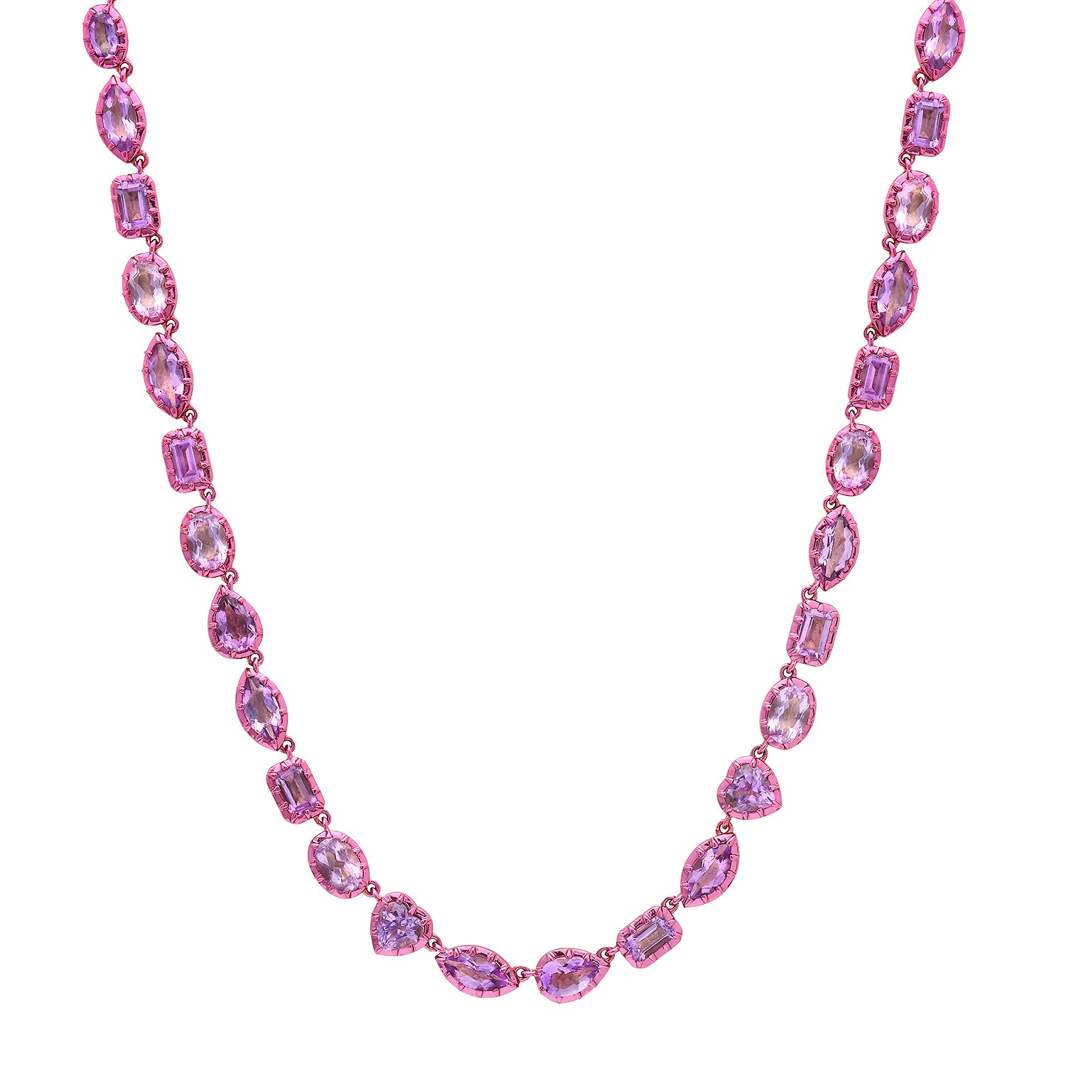 Mixed Shape Amethyst Tennis Necklace with Pink Rhodium