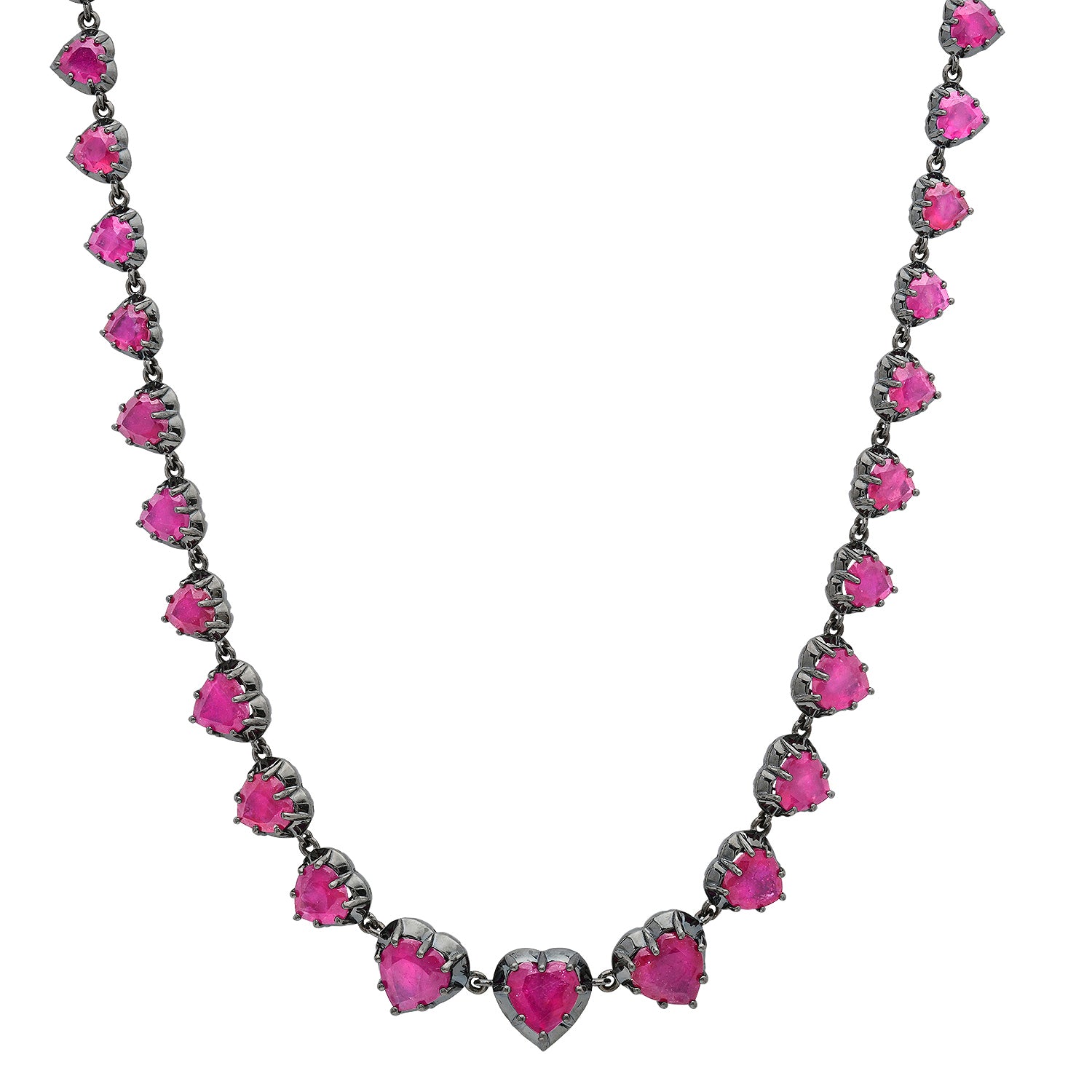 Petite Graduated Glass Filled Ruby Heart Tennis Necklace with Black Rhodium
