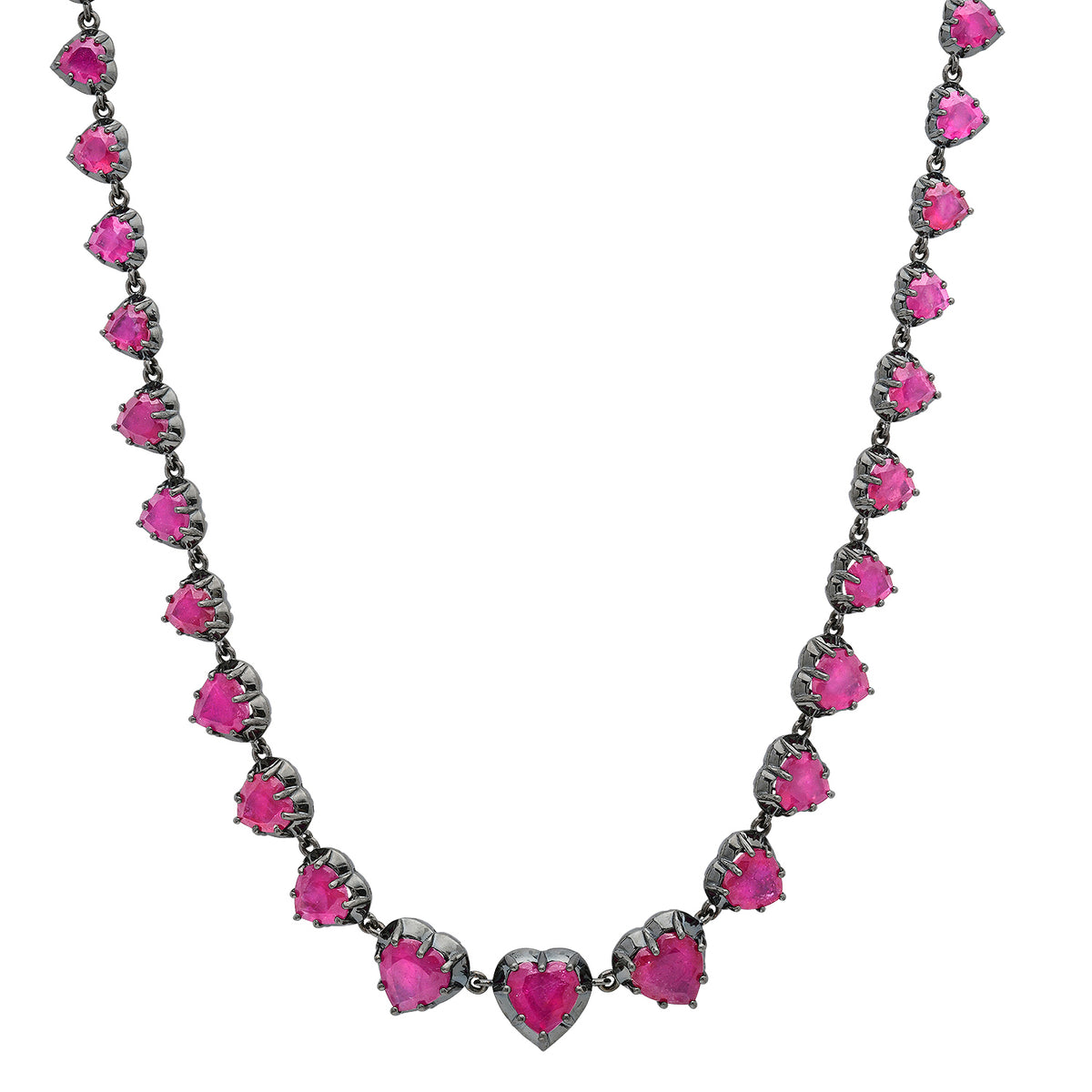 Petite Graduated Glass Filled Ruby Heart Tennis Necklace with Black Rhodium