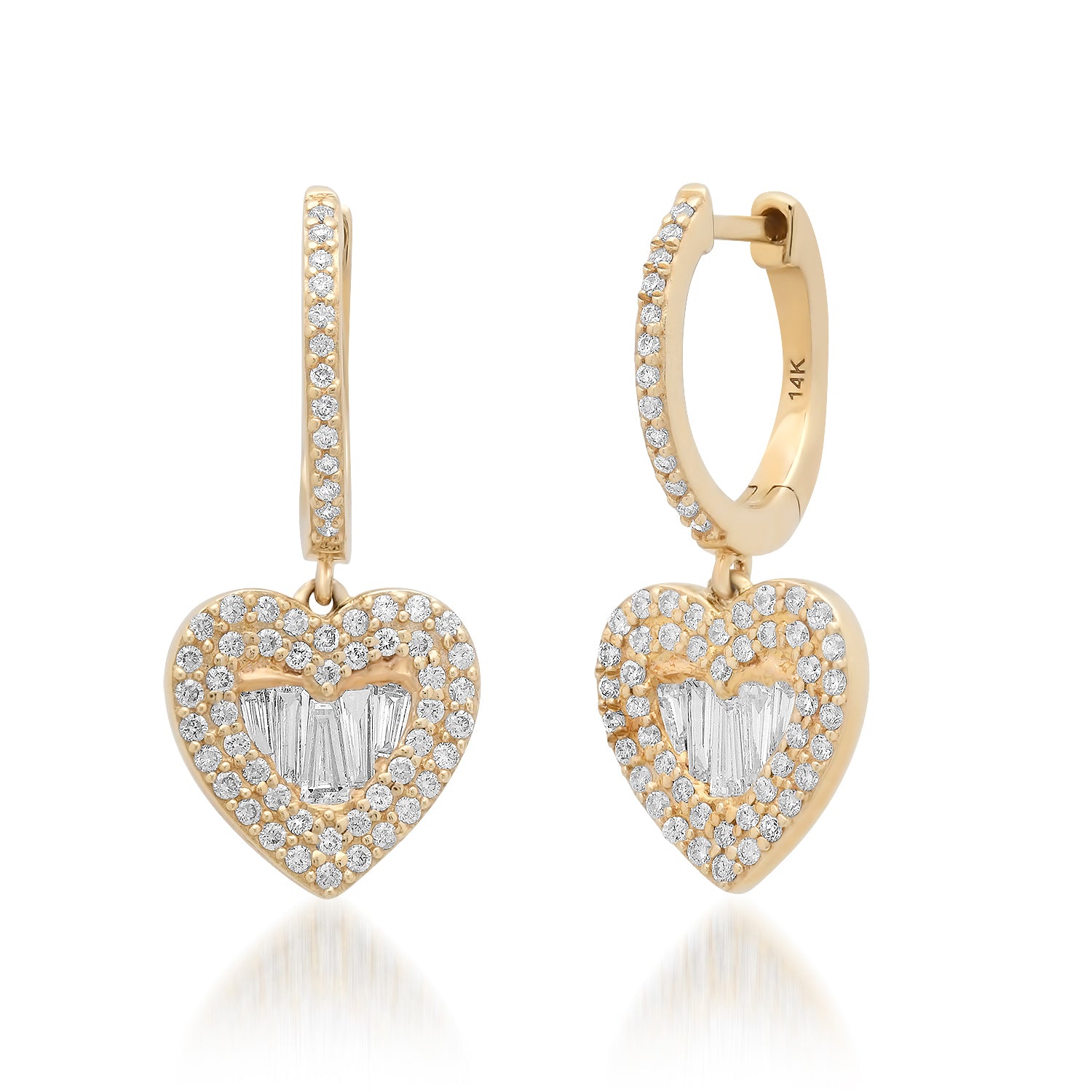 Diamond Huggie Hoop Heart Drop Earrings
