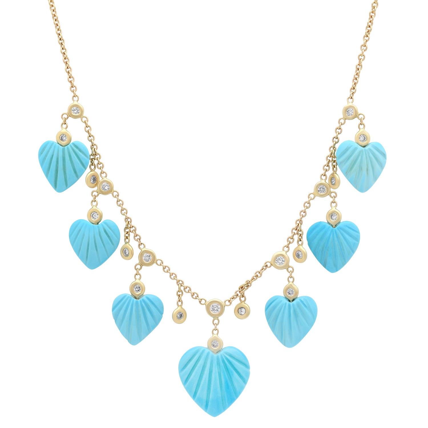 Carved Turquoise Hears & Diamond Dangle Necklace