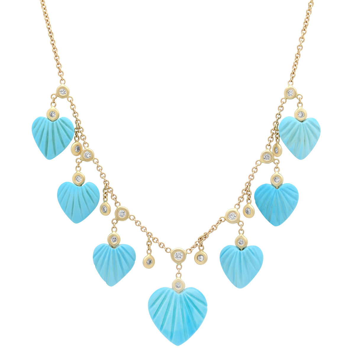 Carved Turquoise Hears & Diamond Dangle Necklace