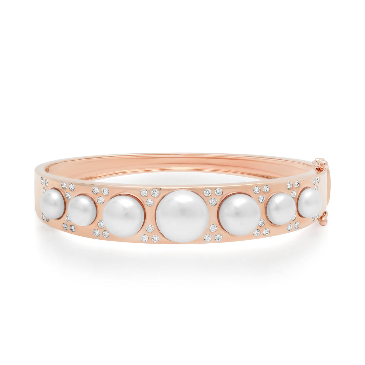 Wide Graduated Pearl & Scattered Diamond Bangle Bracelet