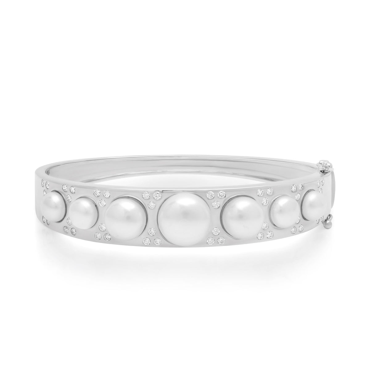 Wide Graduated Pearl & Scattered Diamond Bangle Bracelet