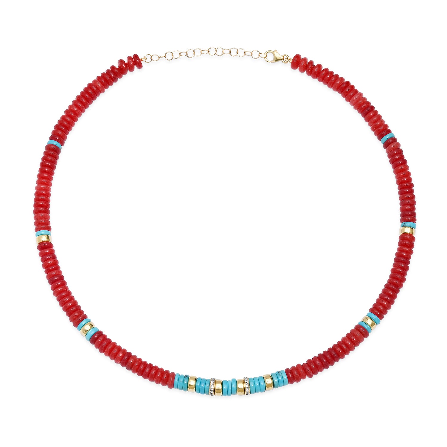 Red Jade & Turquoise Adjustable or Chain Beaded Necklace with Diamond & Gold Beads