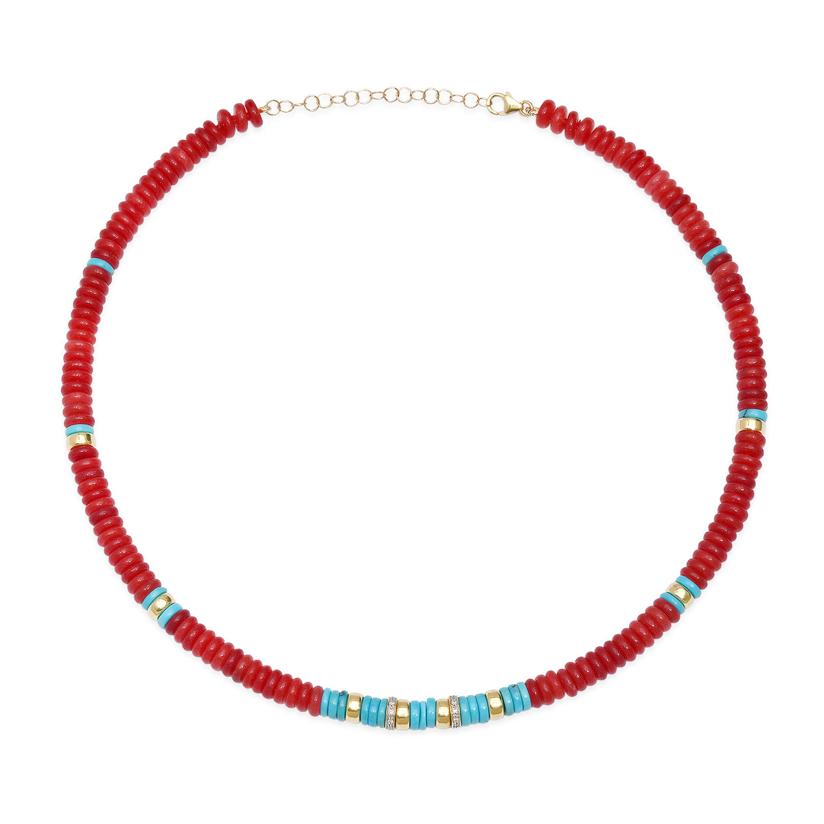 Red Jade & Turquoise Adjustable or Chain Beaded Necklace with Diamond & Gold Beads