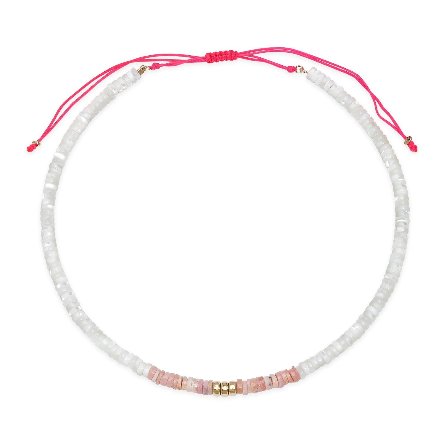 Pink Agate & White Opal Adjustable Beaded Necklace with Gold Beads