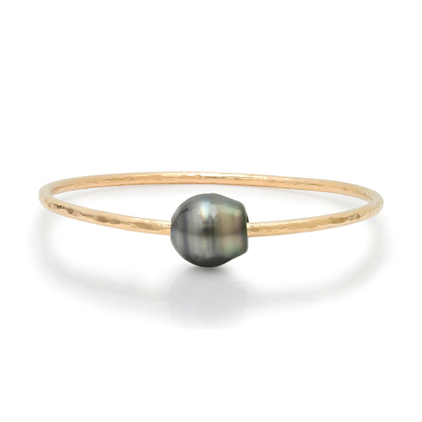 Thick Gold Filled Tahitian Pearl Pounded Wire Bangle Bracelet