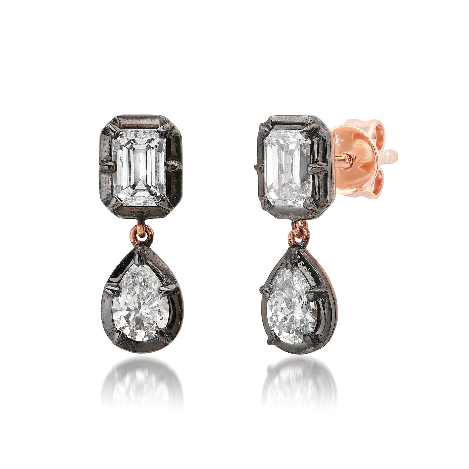 Georgian Set Pear & Emerald Cut Lab Diamond Black Rhodium Drop Earrings