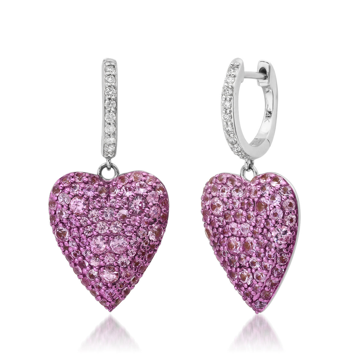 Pave Pink Sapphire Heart Drop Huggie Hoop Earrings