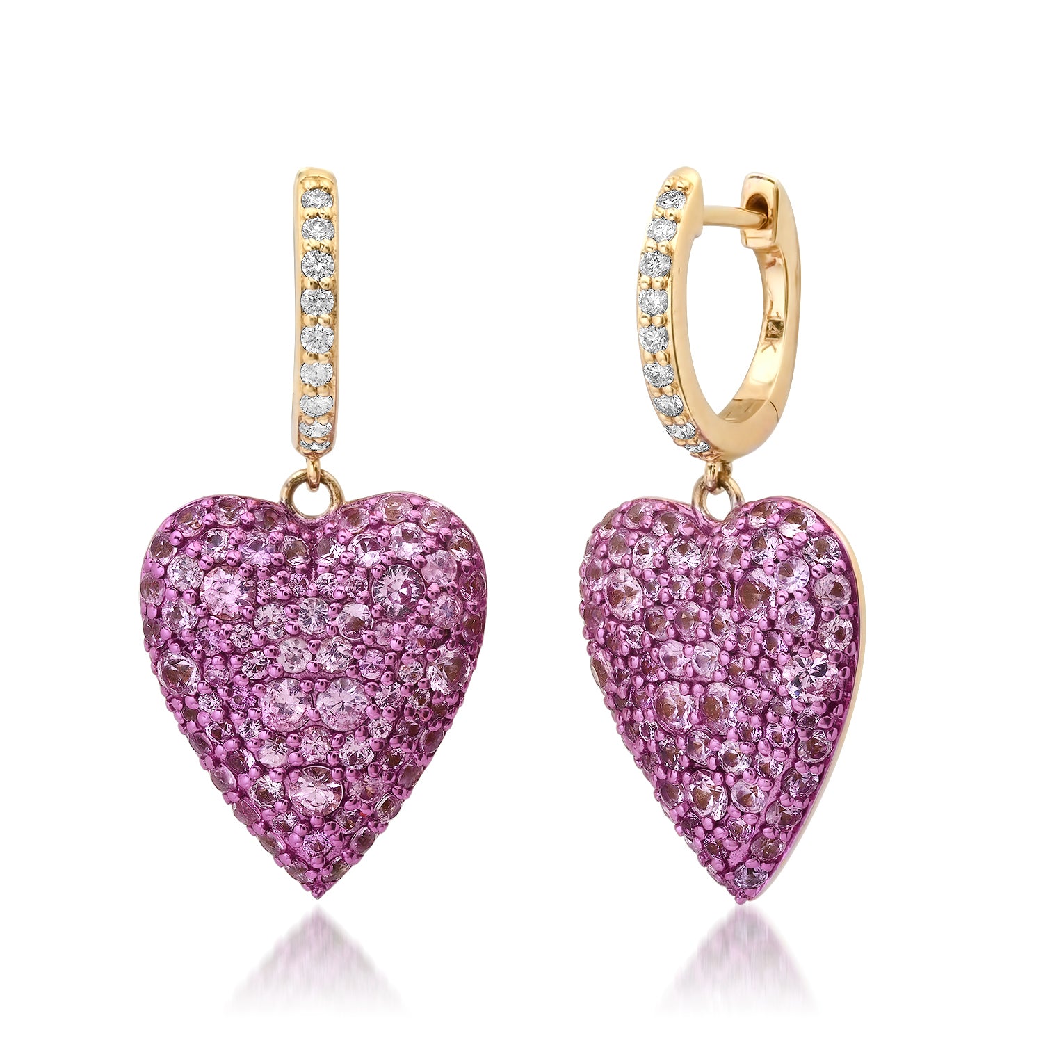Pave Pink Sapphire Heart Drop Huggie Hoop Earrings
