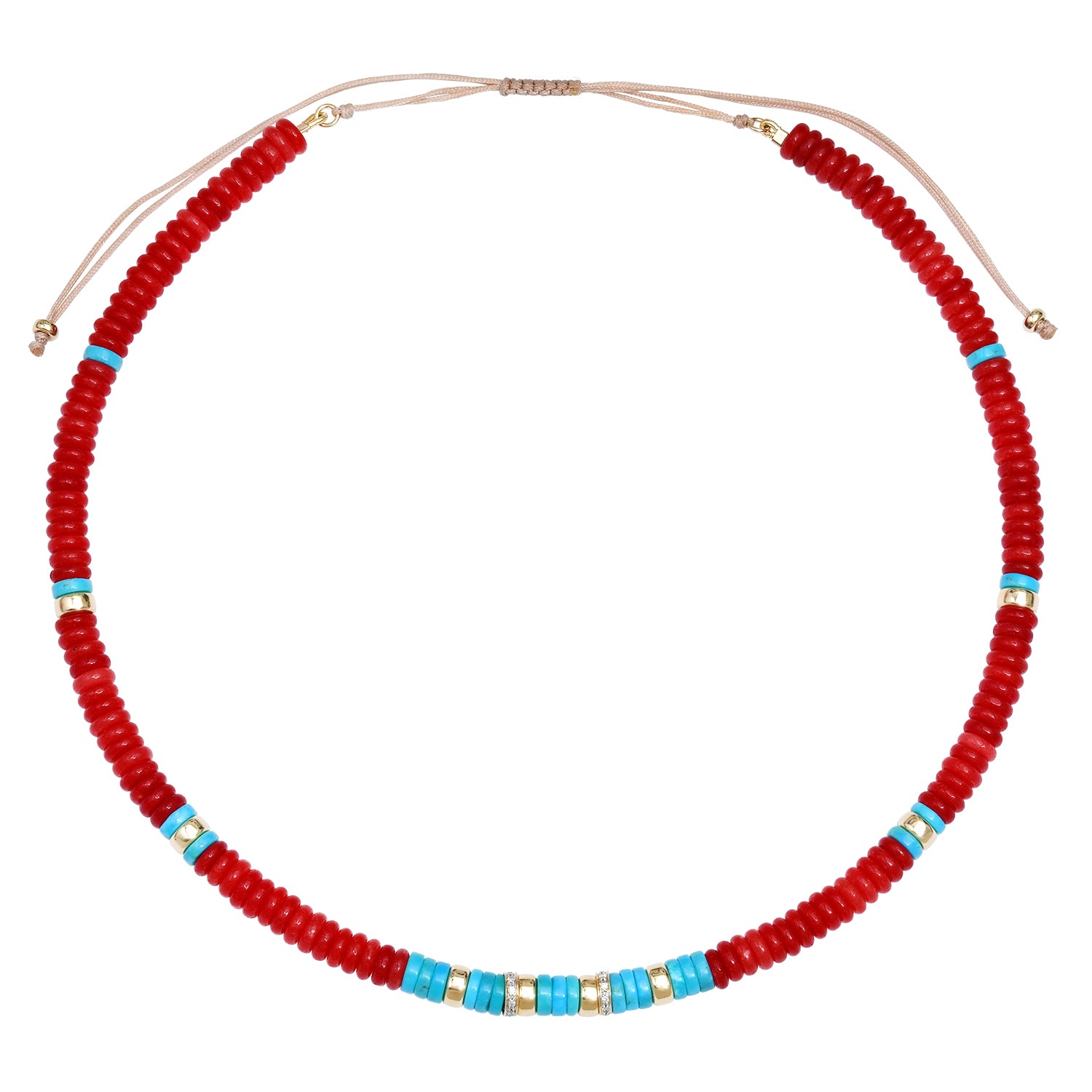 Red Jade & Turquoise Adjustable or Chain Beaded Necklace with Diamond & Gold Beads