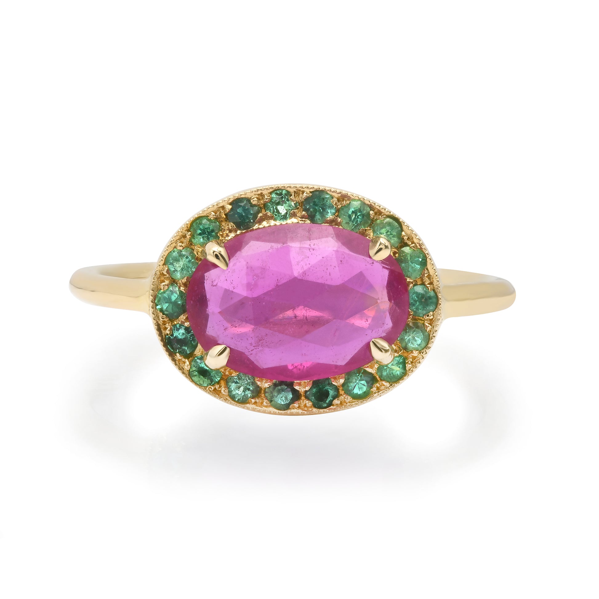 One of a Kind Glass Filled Ruby Ring with Emerald Halo