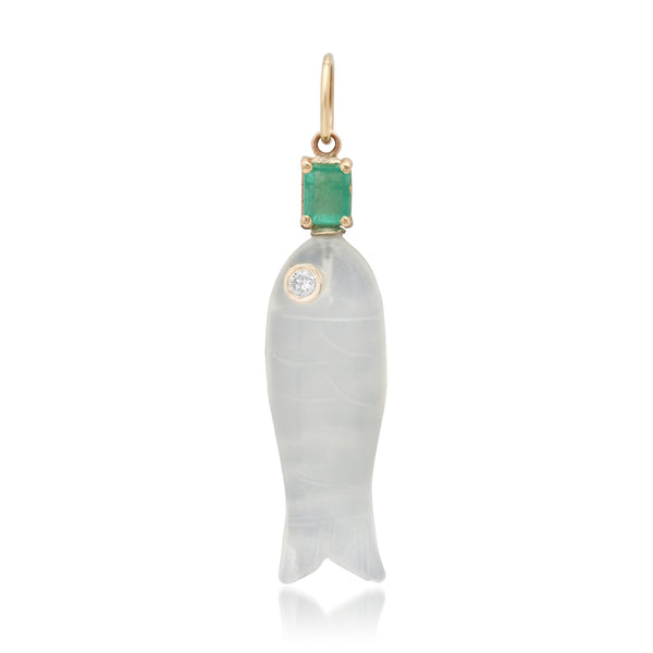 Moonstone Fish with Diamond Eye & Emerald