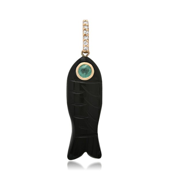 Black Onyx Fish with Emerald Eye & Diamond Bail