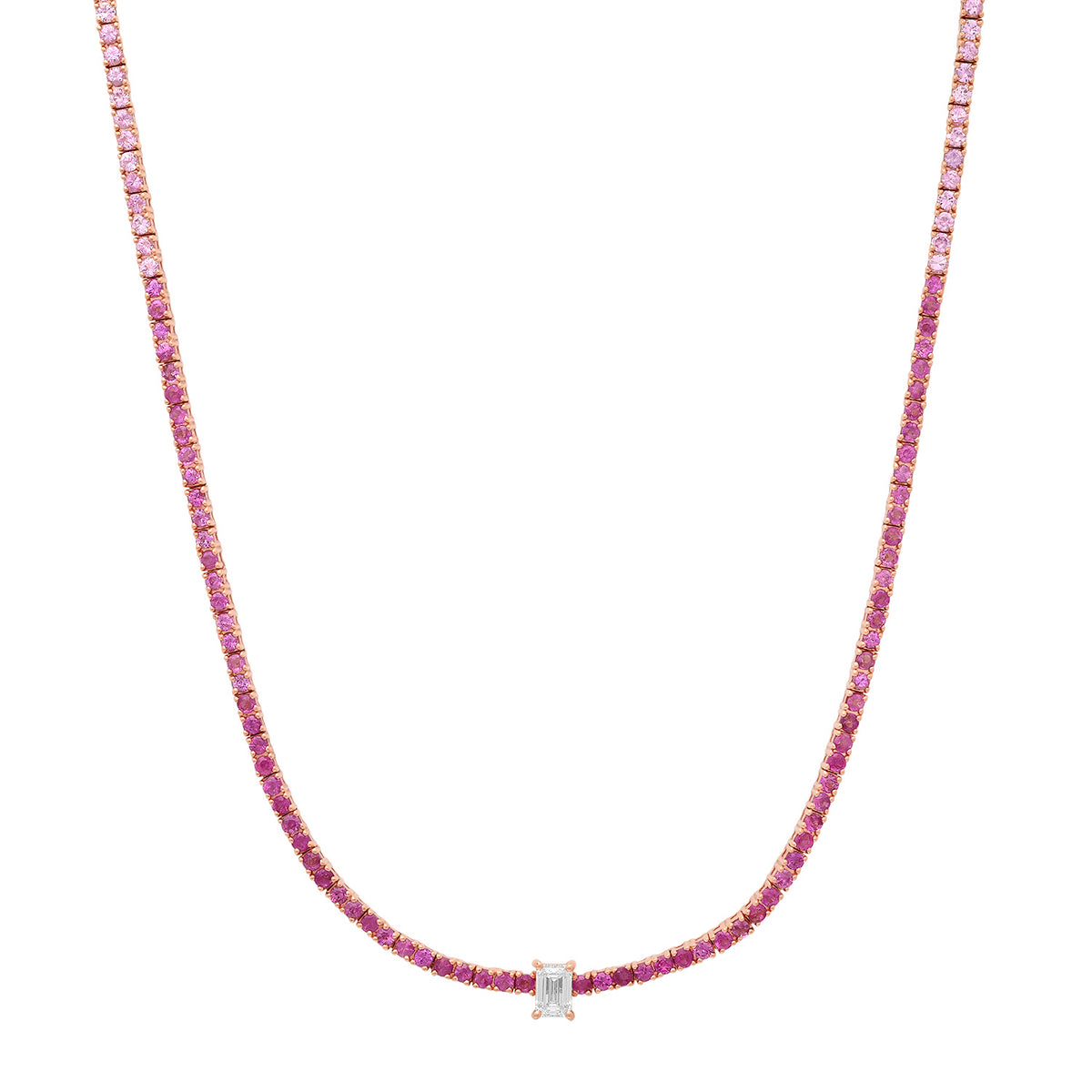 Ombre Pink Sapphire Tennis Necklace with Emerald Cut Diamond