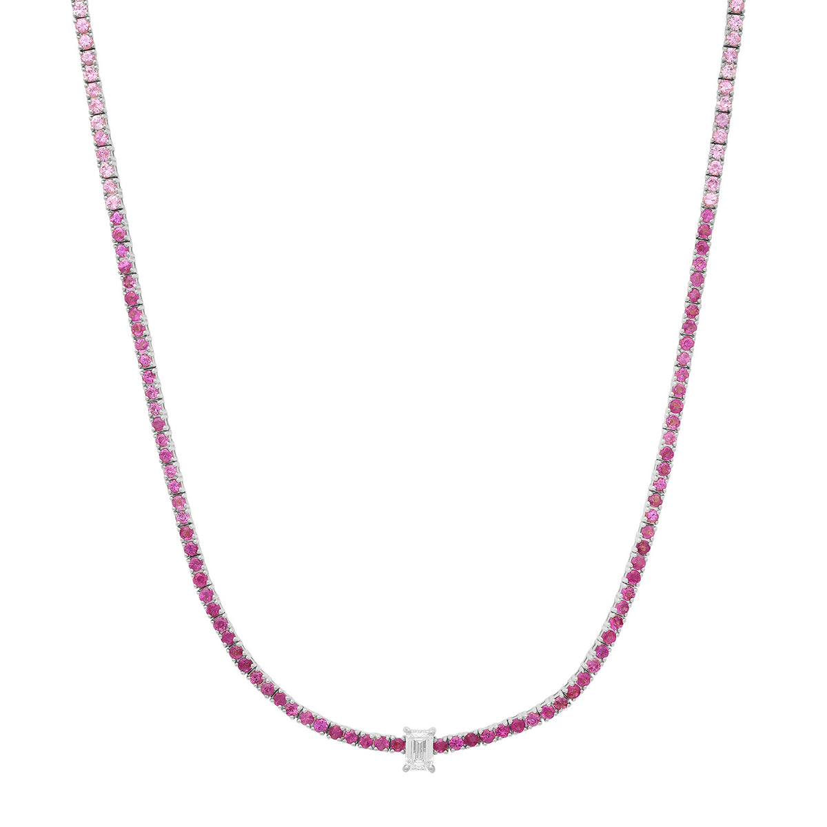 Ombre Pink Sapphire Tennis Necklace with Emerald Cut Diamond