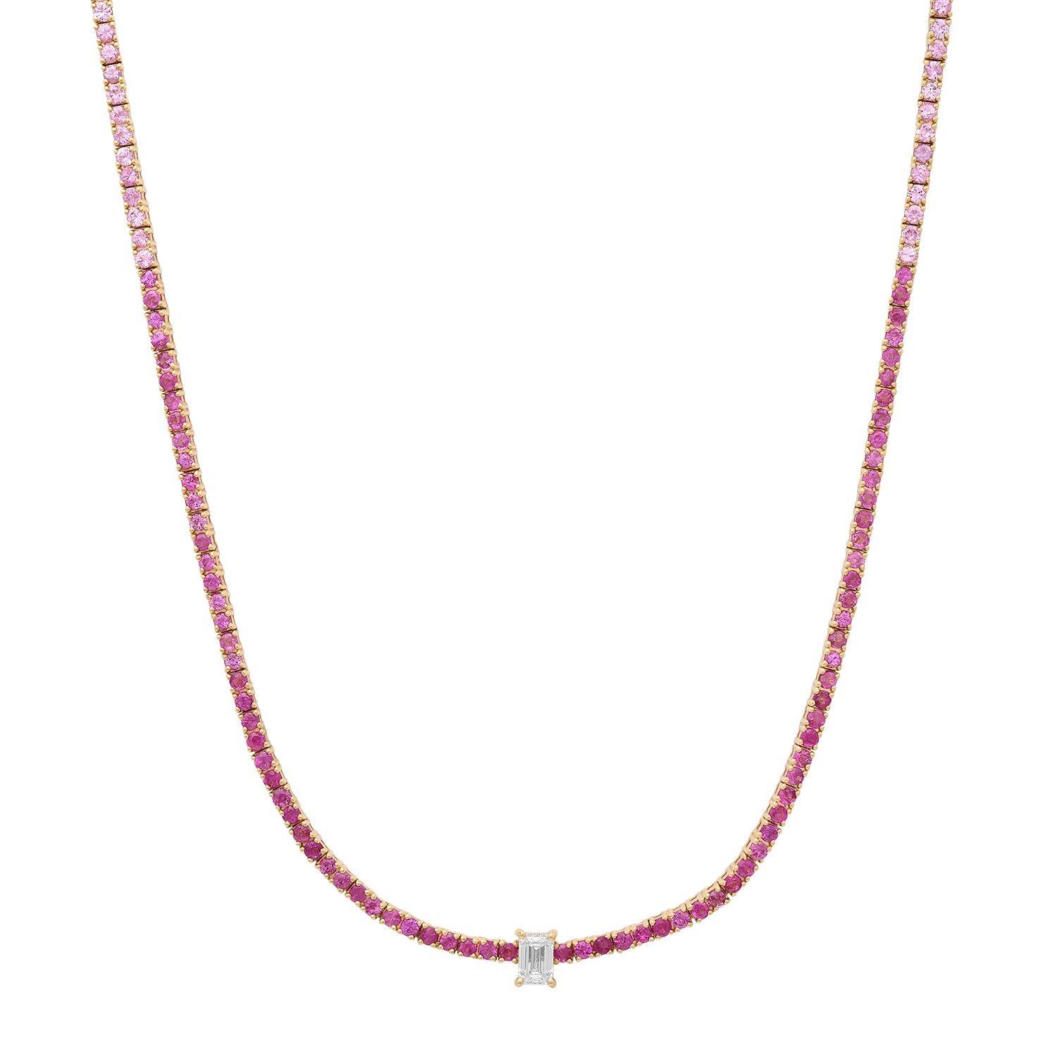 Ombre Pink Sapphire Tennis Necklace with Emerald Cut Diamond