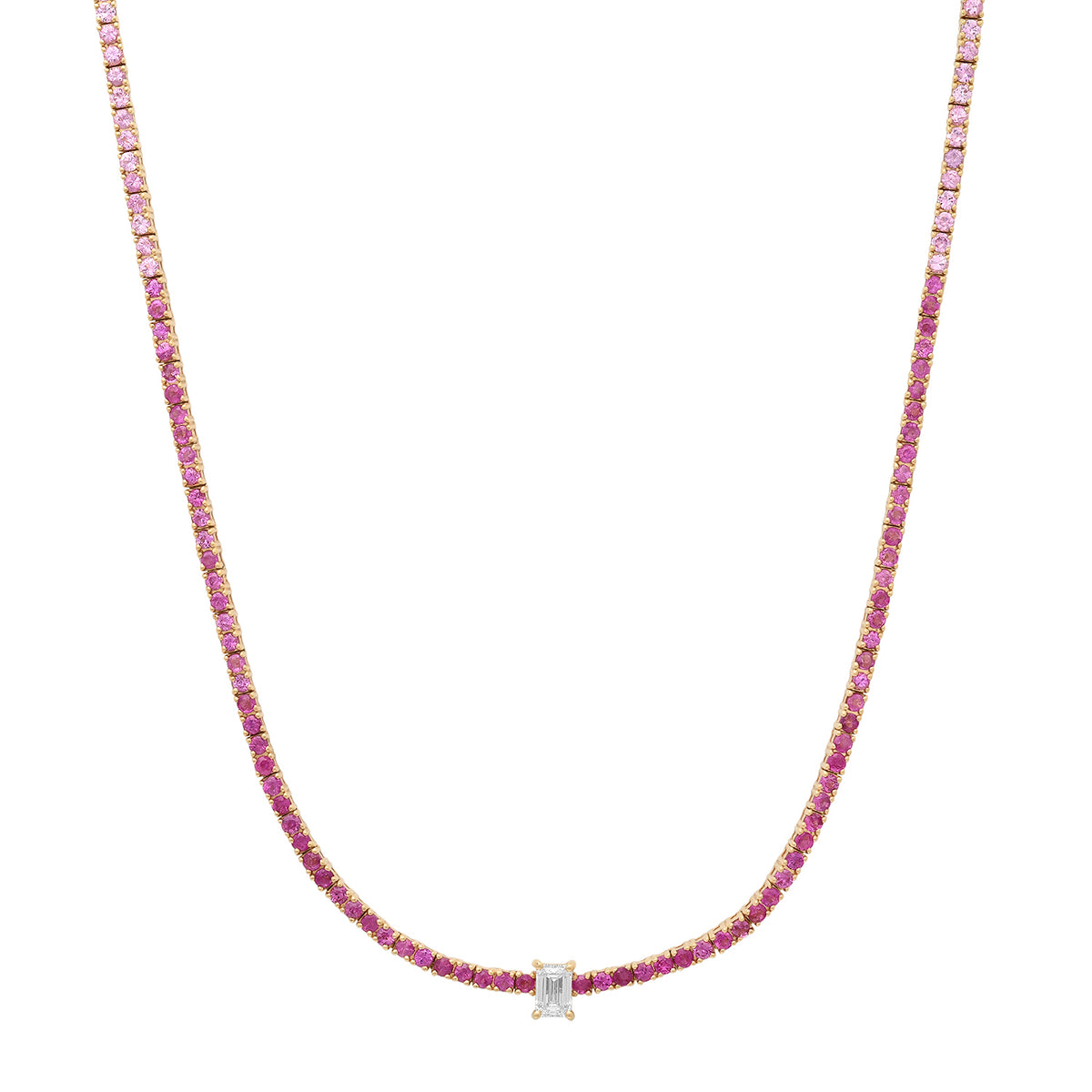 Ombre Pink Sapphire Tennis Necklace with Emerald Cut Diamond