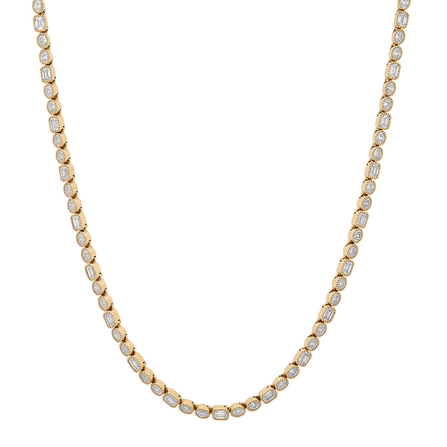 Milgrain Bezel Mixed Oval & Emerald Cut Diamond Tennis Necklace