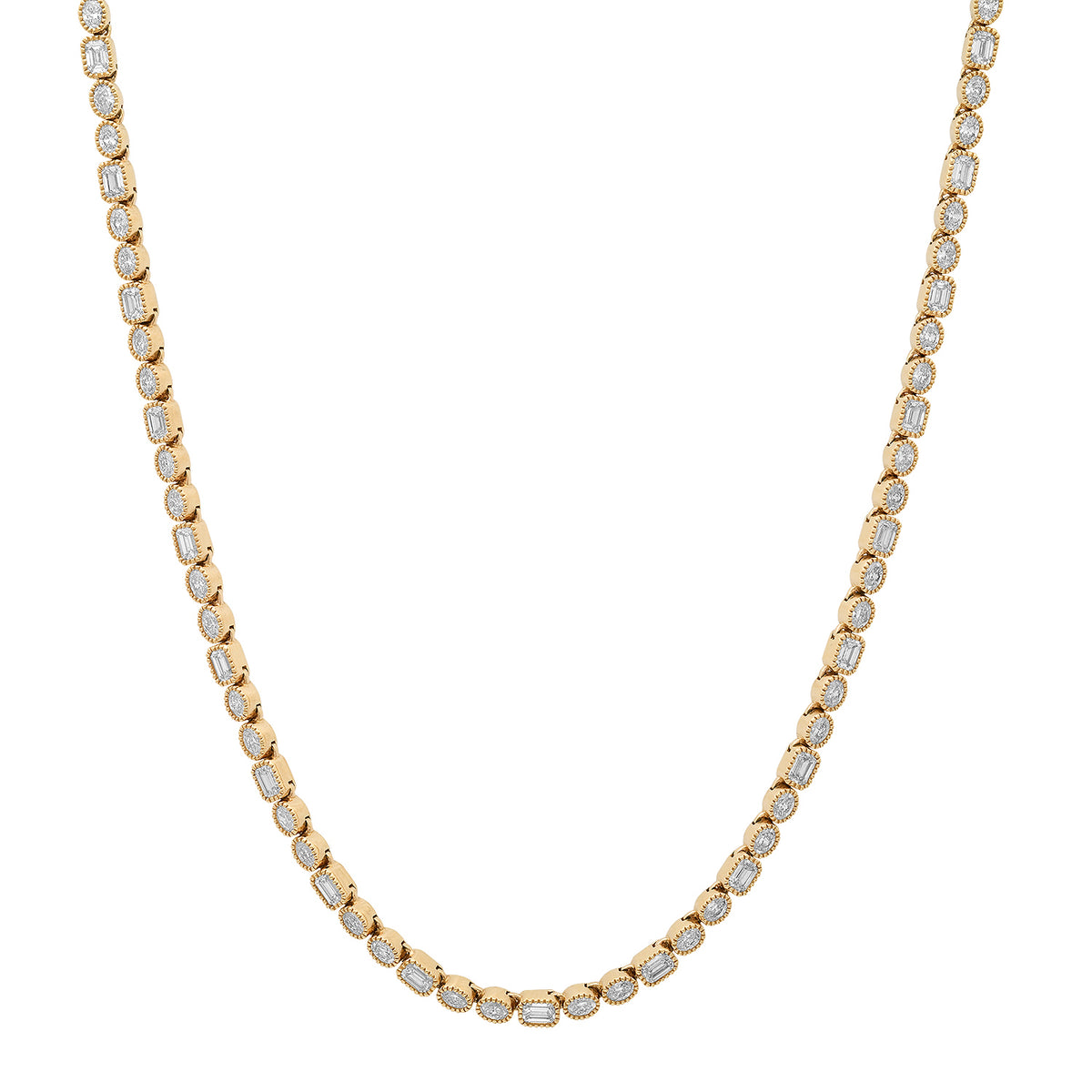 Milgrain Bezel Mixed Oval & Emerald Cut Diamond Tennis Necklace