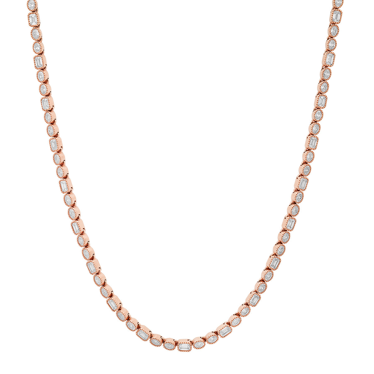 Milgrain Bezel Mixed Oval & Emerald Cut Diamond Tennis Necklace