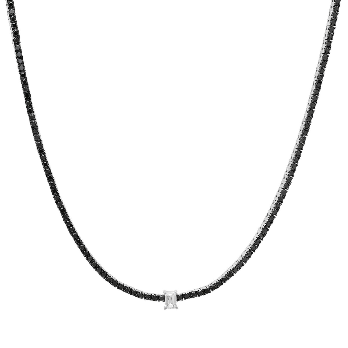 Black Diamond Tennis Necklace with Emerald or Pear Cut White Diamond
