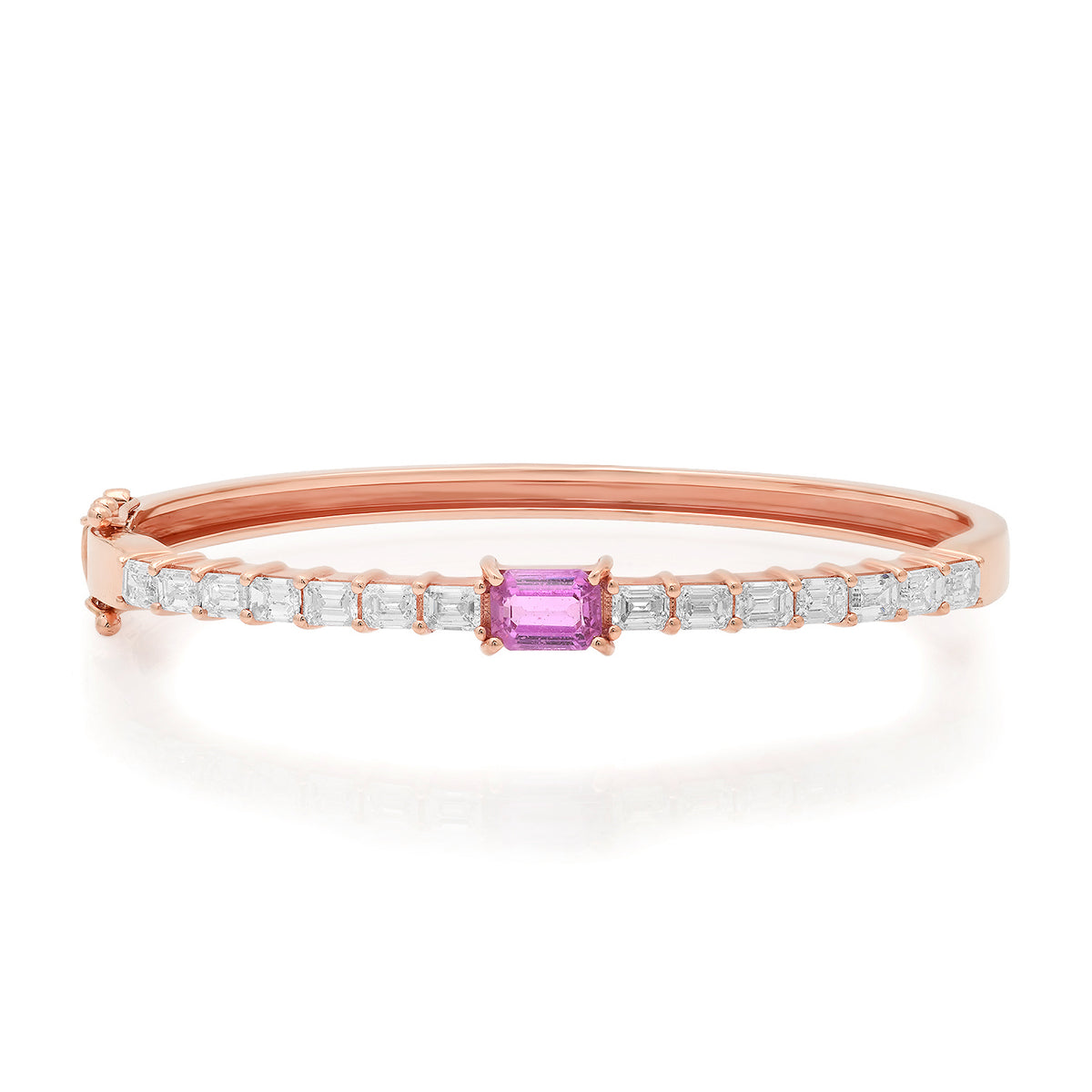 Emerald Cut Diamond & Pink Sapphire Statement Bangle