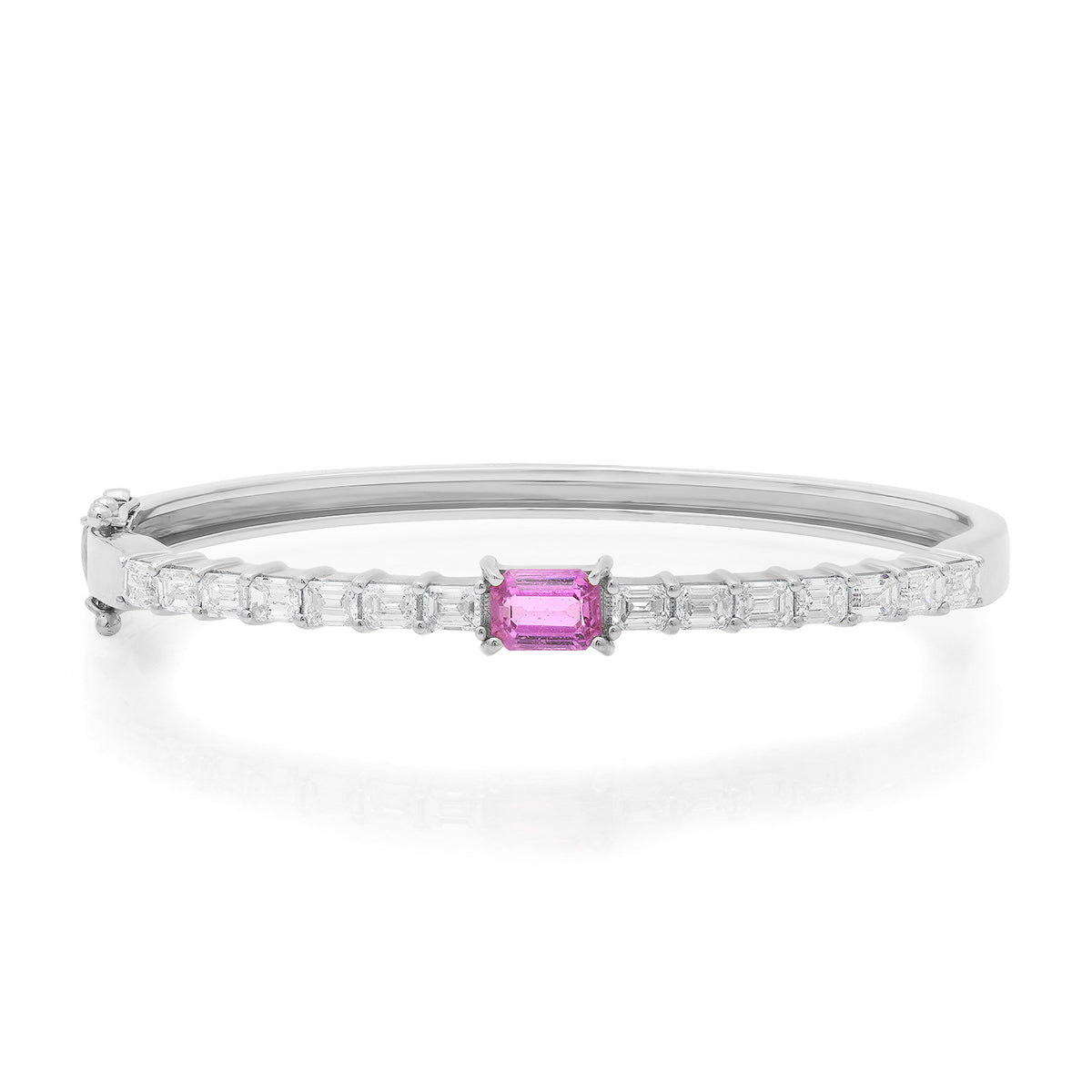 Emerald Cut Diamond & Pink Sapphire Statement Bangle