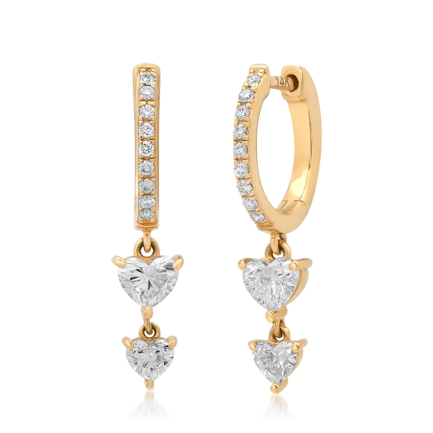 Duo Diamond Heart Drop Huggie Hoop Earrings