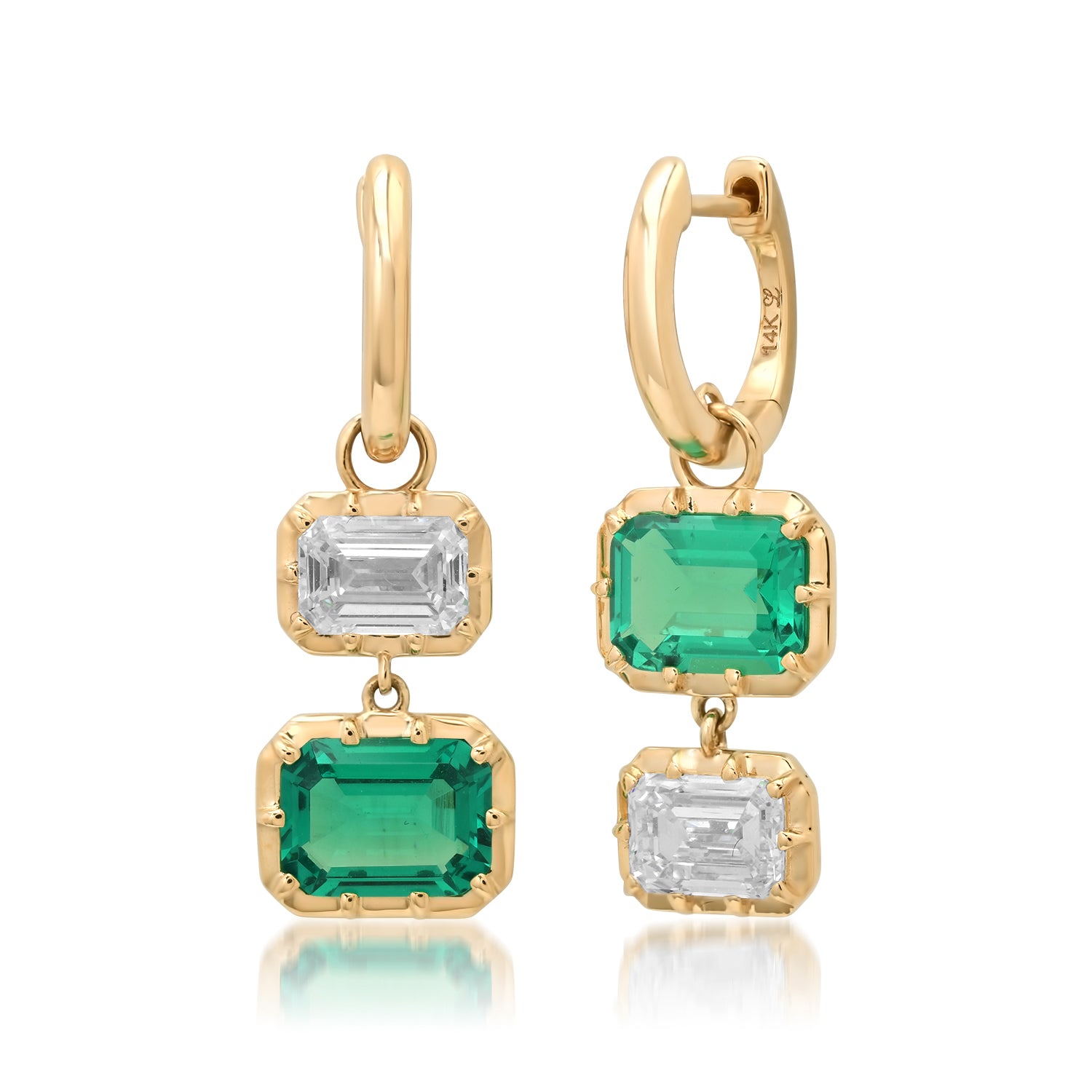 Mismatched Lab Grown Emerald & Diamond Drop Huggie Hoop Earrings