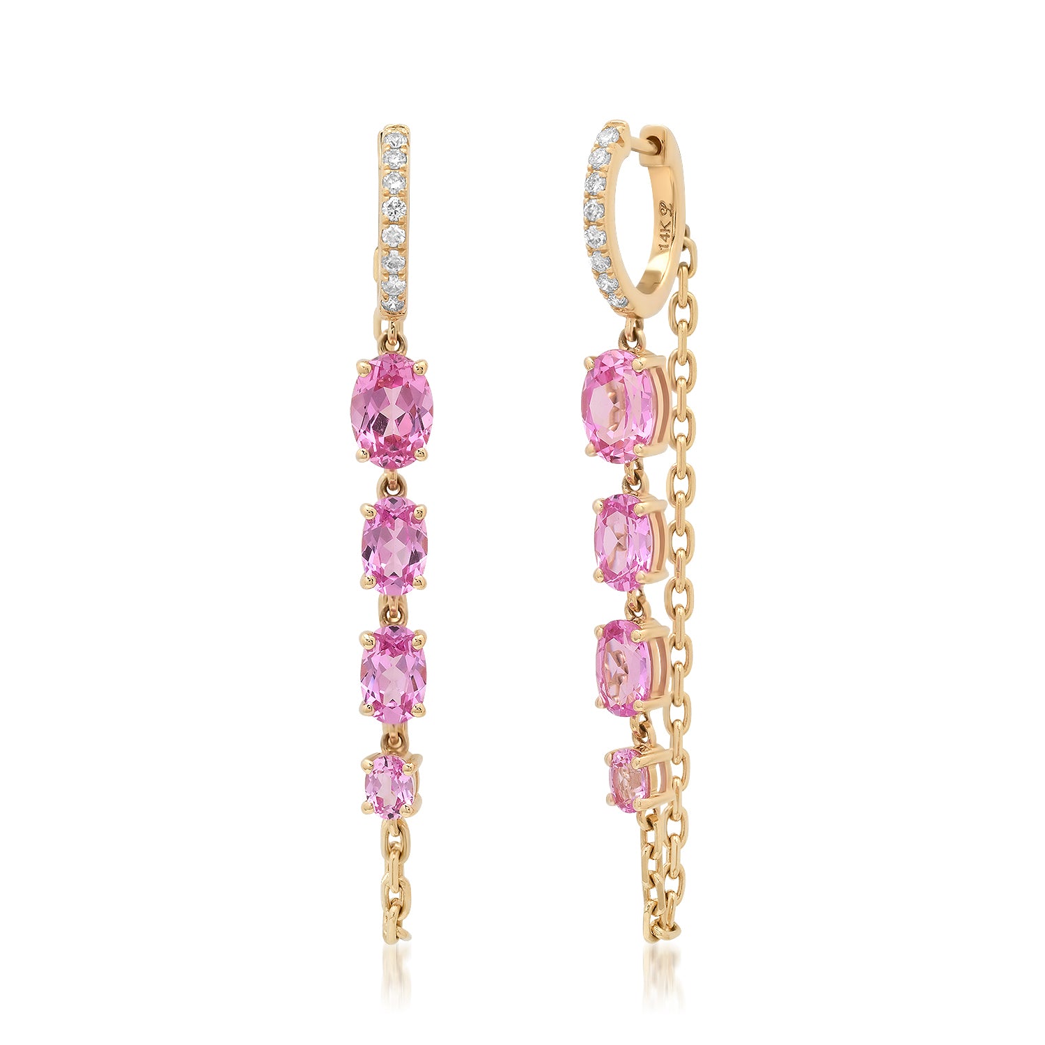 Lab Grown Pink Sapphire & Diamond Chain Wrap Huggie Hoop Earrings.