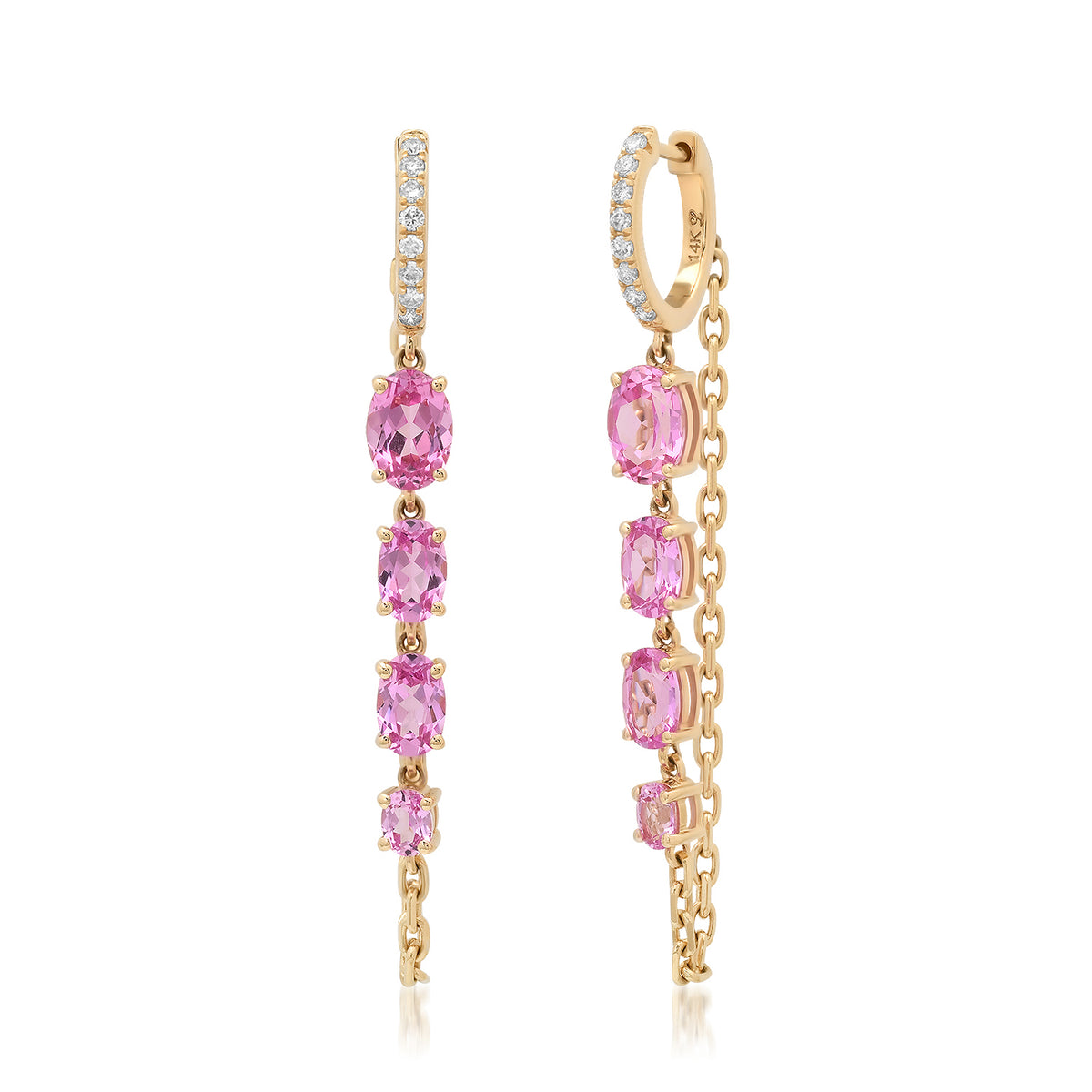 Lab Grown Pink Sapphire & Diamond Chain Wrap Huggie Hoop Earrings.