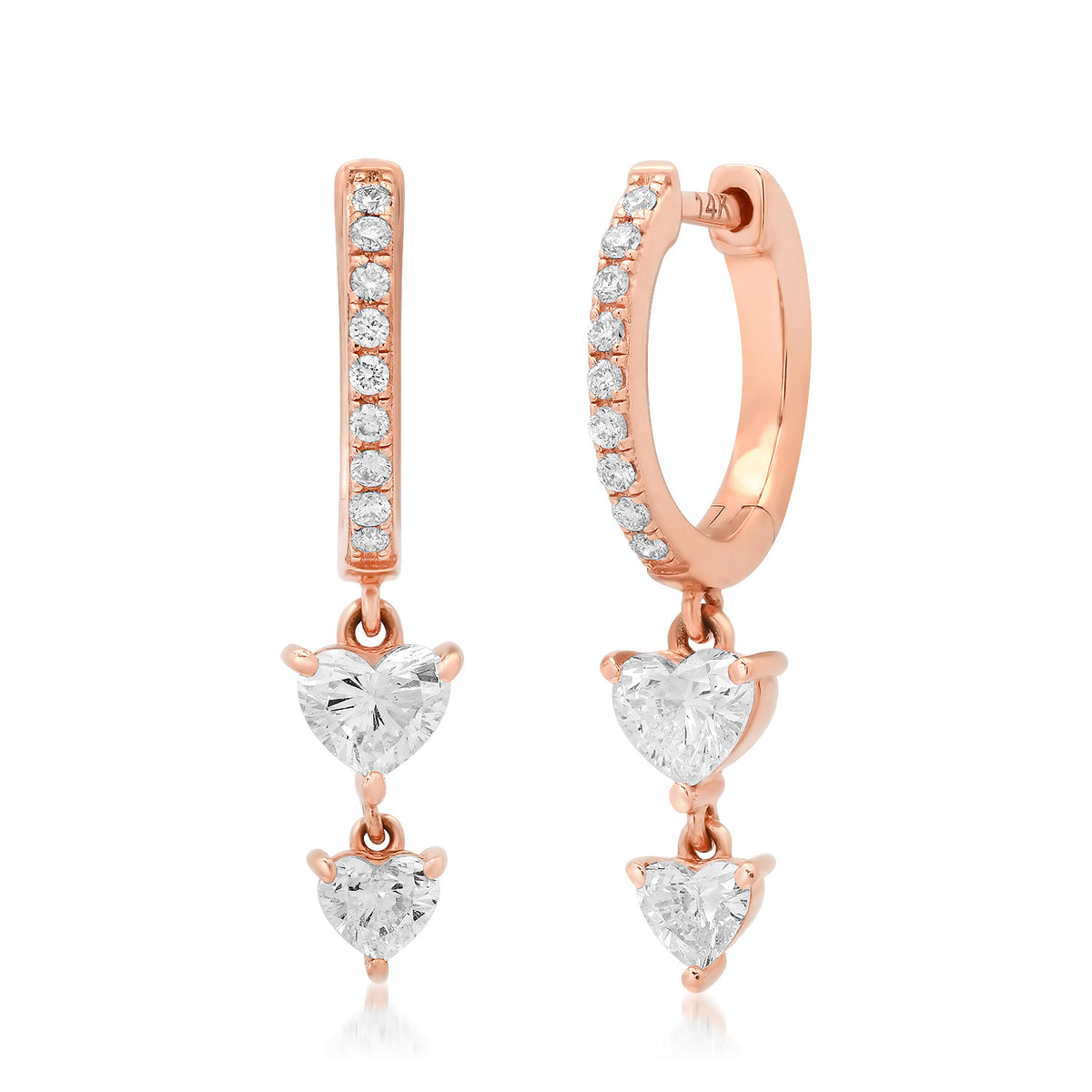 Duo Diamond Heart Drop Huggie Hoop Earrings