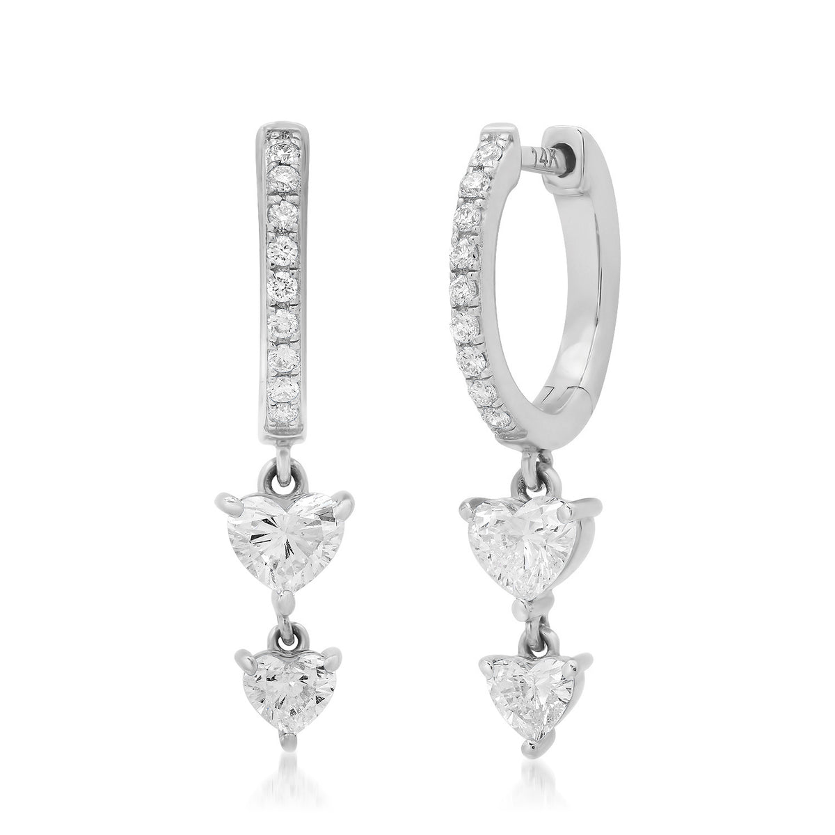 Duo Diamond Heart Drop Huggie Hoop Earrings