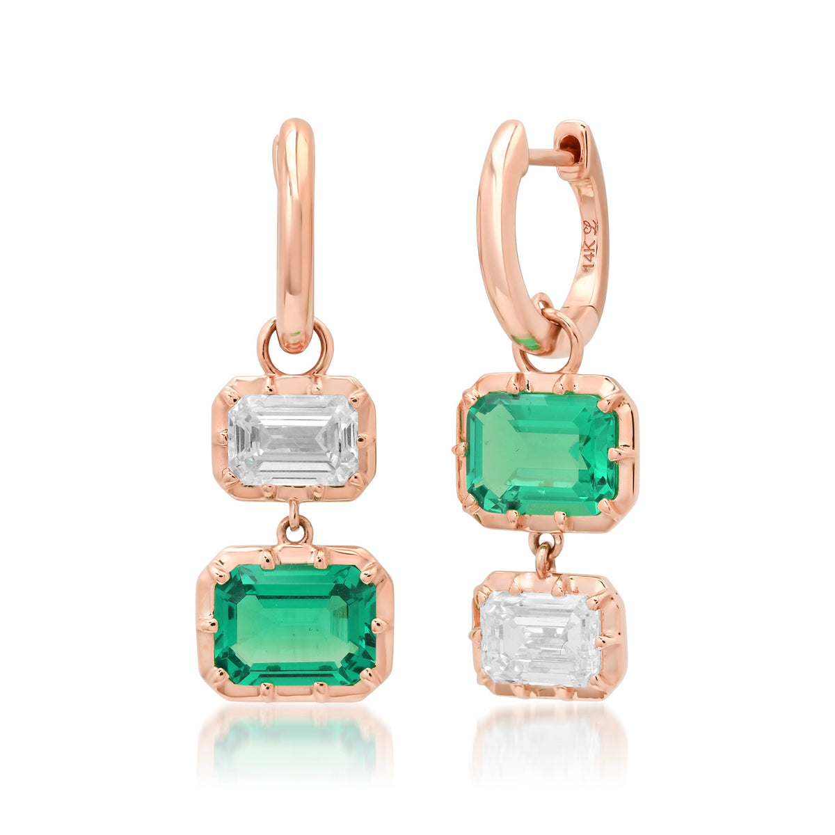 Mismatched Lab Grown Emerald & Diamond Drop Huggie Hoop Earrings
