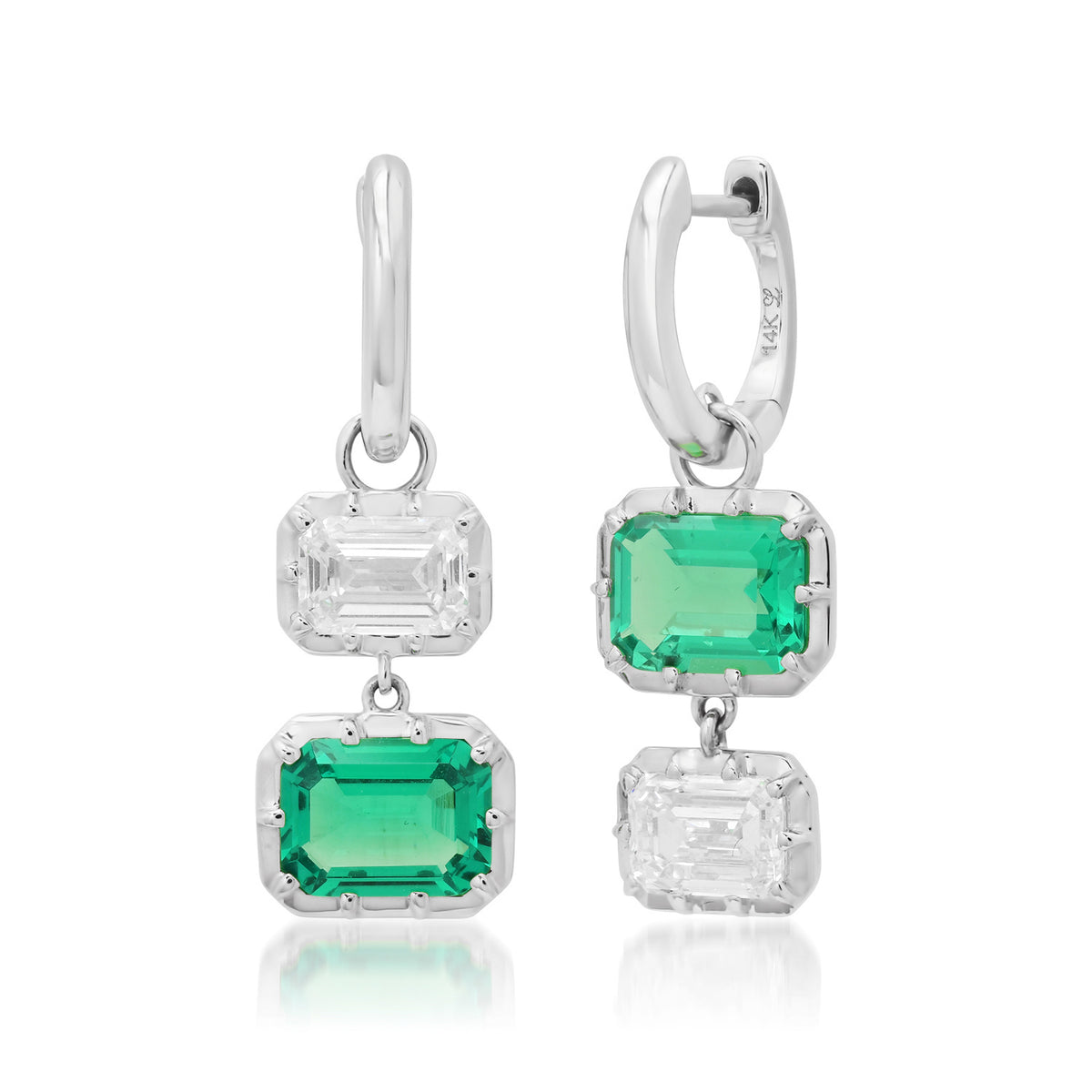 Mismatched Lab Grown Emerald & Diamond Drop Huggie Hoop Earrings