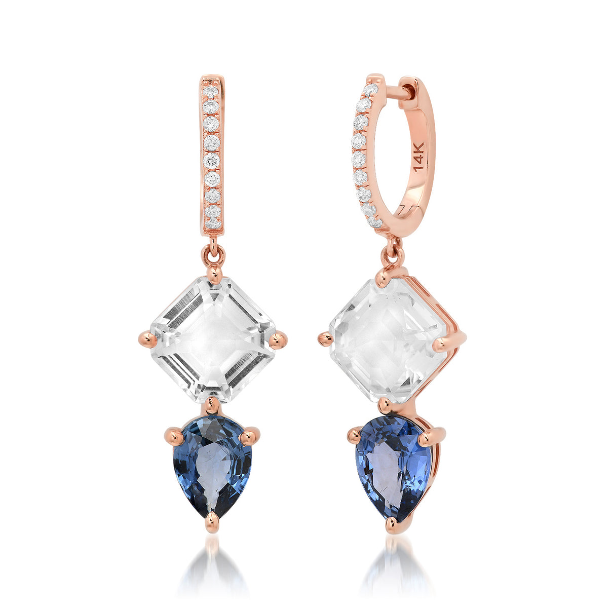 Asscher Quartz & Blue Sapphire Pear Drop Diamond Huggie Hoop Earrings
