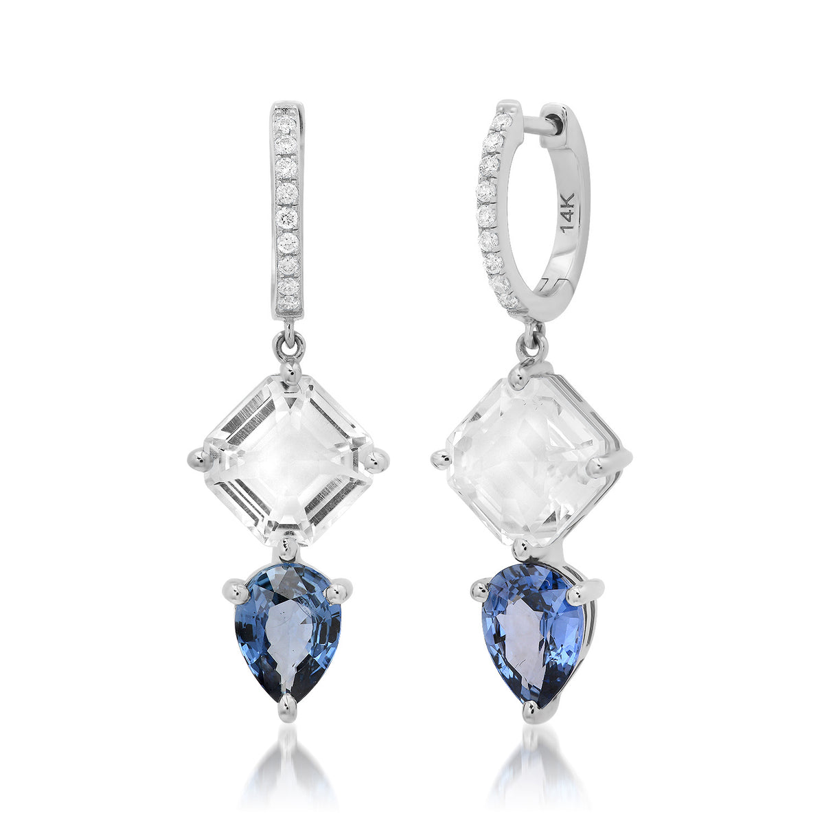 Asscher Quartz & Blue Sapphire Pear Drop Diamond Huggie Hoop Earrings