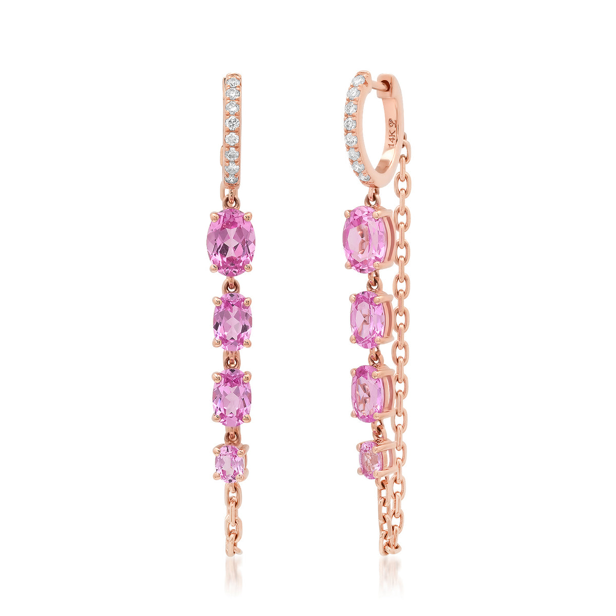 Lab Grown Pink Sapphire & Diamond Chain Wrap Huggie Hoop Earrings.