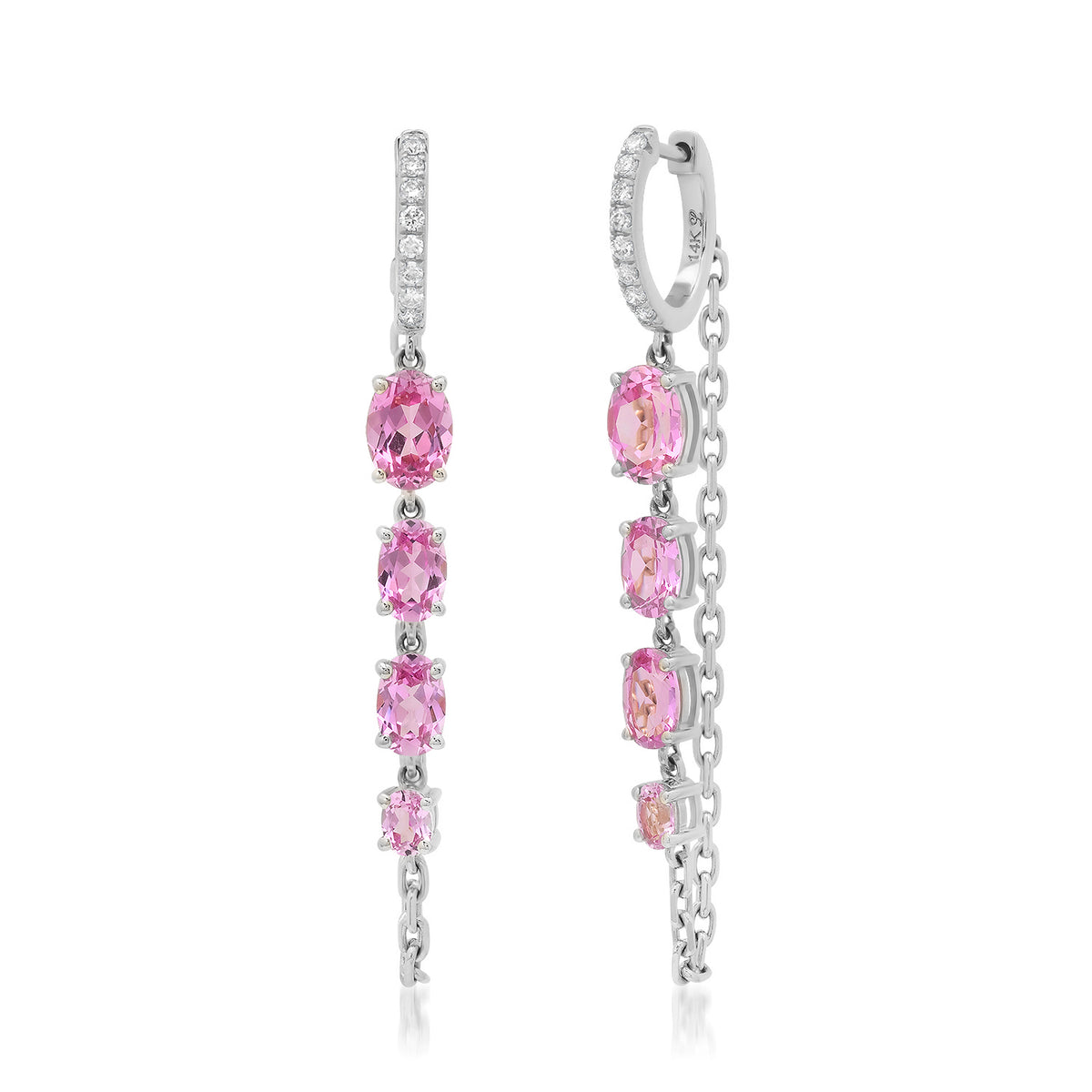 Lab Grown Pink Sapphire & Diamond Chain Wrap Huggie Hoop Earrings.